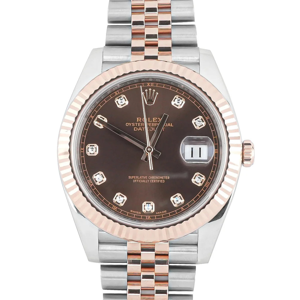 Rolex 126331 Datejust 41 mm 18K Rose Gold Fluted Bezel Chocolate Brown Diamond Dial Jubilee Bracelet Box and Papers 2016