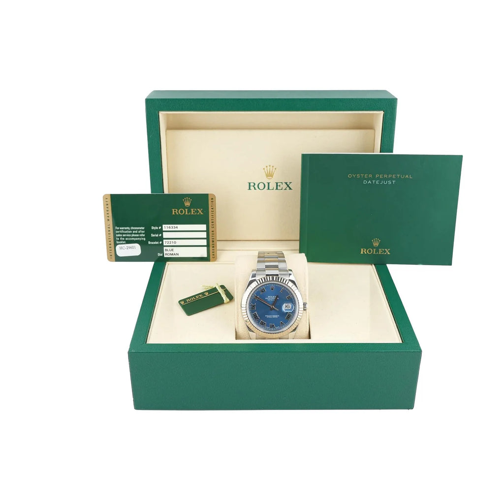 Rolex 116334 Datejust II 41 mm Fluted Bezel Blue Roman Dial Oyster Bracelet Box and Papers 2012
