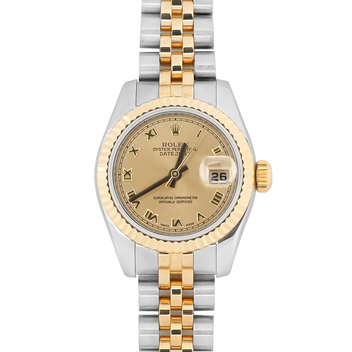 Rolex 179173 Lady-Datejust 26 mm 18K Yellow Gold Fluted Bezel Champagne Roman Dial Jubilee Bracelet Box and Papers 2009