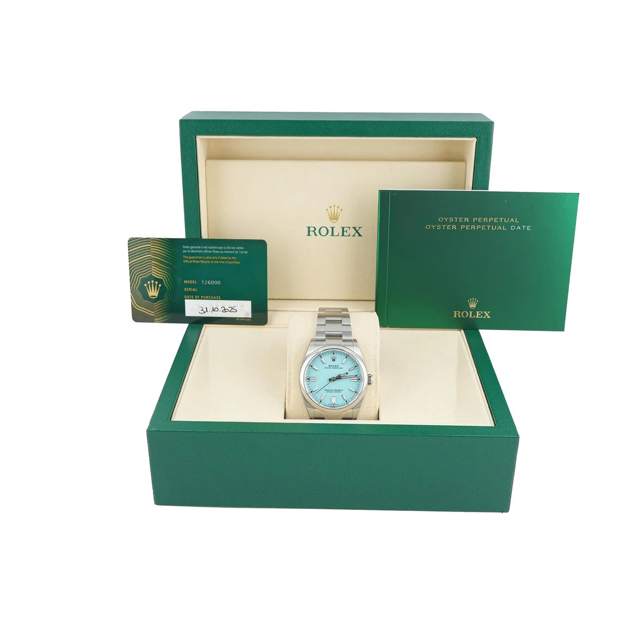 Rolex 126000 Oyster Perpetual 36 mm Smooth Bezel Turquoise Blue Index Dial Oyster Bracelet Box and Papers 2025