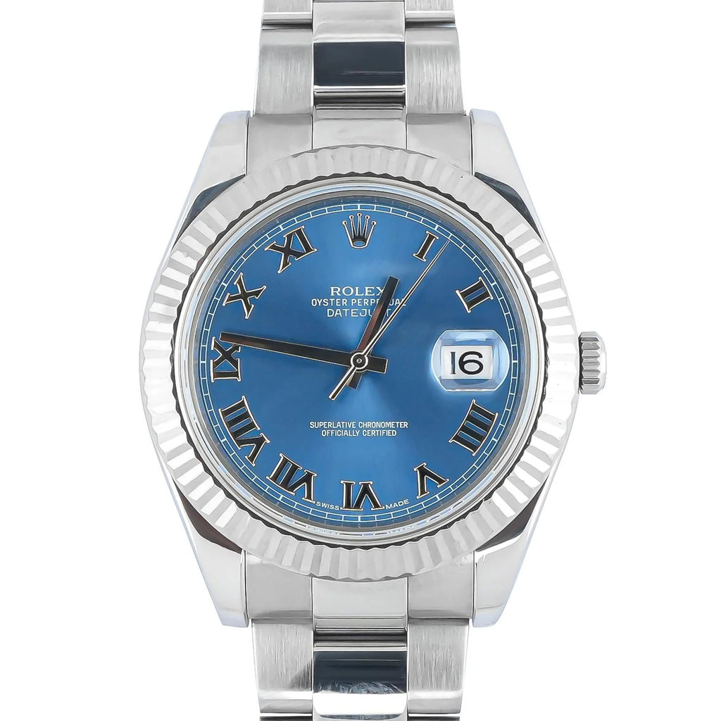 Rolex 116334 Datejust II 41 mm Fluted Bezel Blue Roman Dial Oyster Bracelet Box and Papers 2012