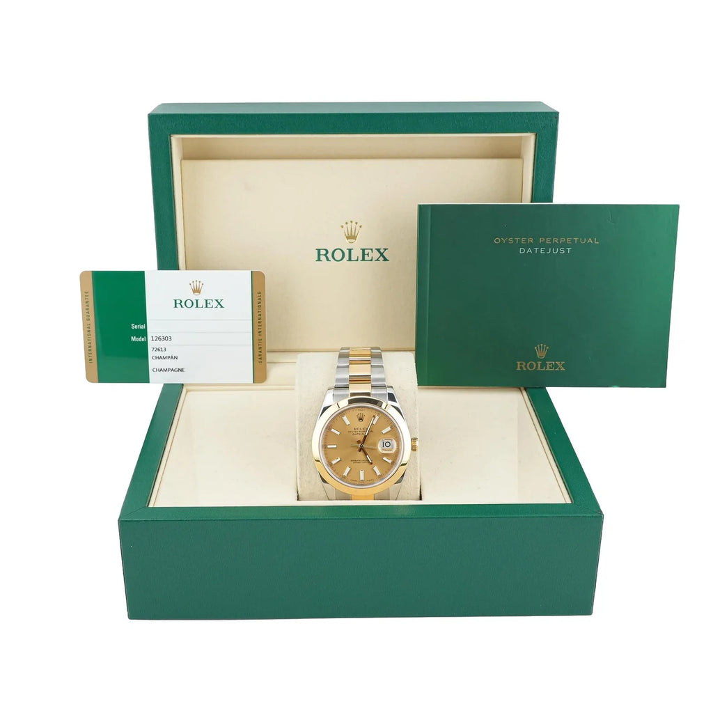 Rolex 126303 Datejust 41 mm 18K Yellow Gold Smooth Bezel Champagne Index Dial Oyster Bracelet Box and Papers 2018