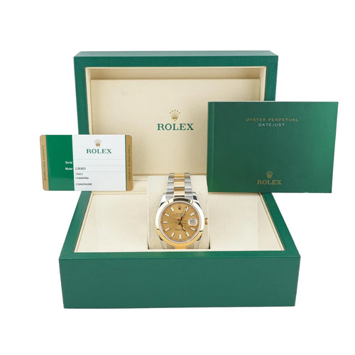 Rolex 126303 Datejust 41 mm 18K Yellow Gold Smooth Bezel Champagne Index Dial Oyster Bracelet Box and Papers 2018