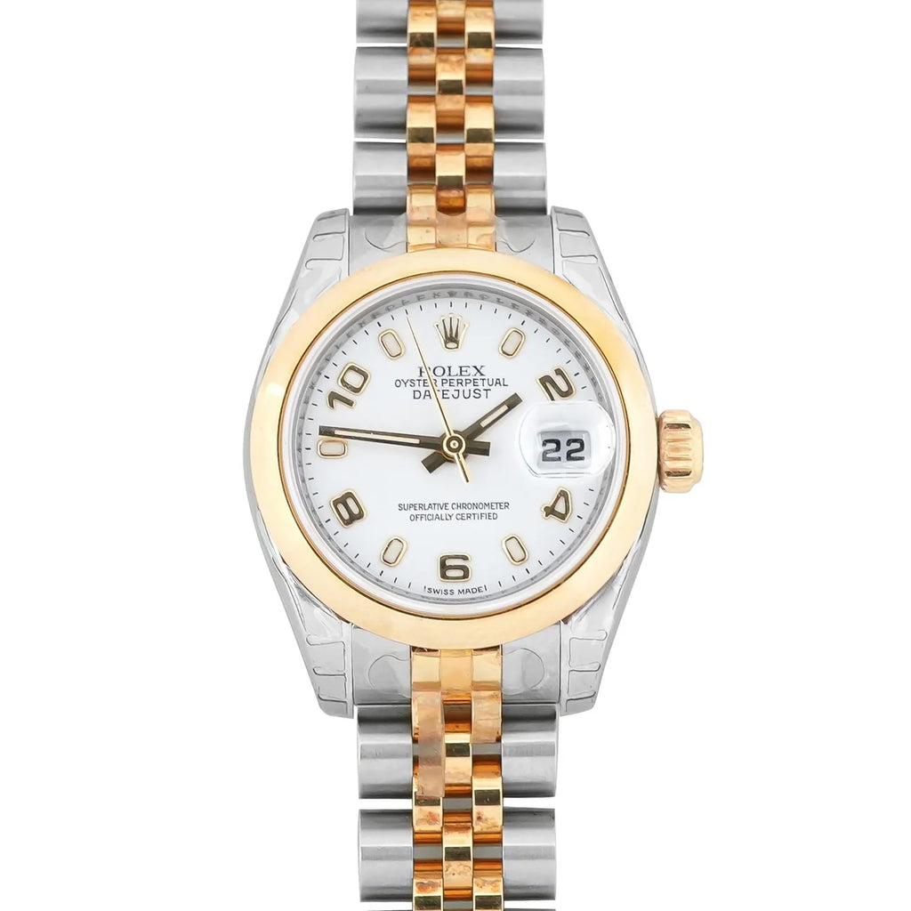 Rolex 179163 Lady-Datejust 26 mm 18K Yellow Gold Smooth Bezel White Arabic Dial Jubilee Bracelet Box and Papers 2006