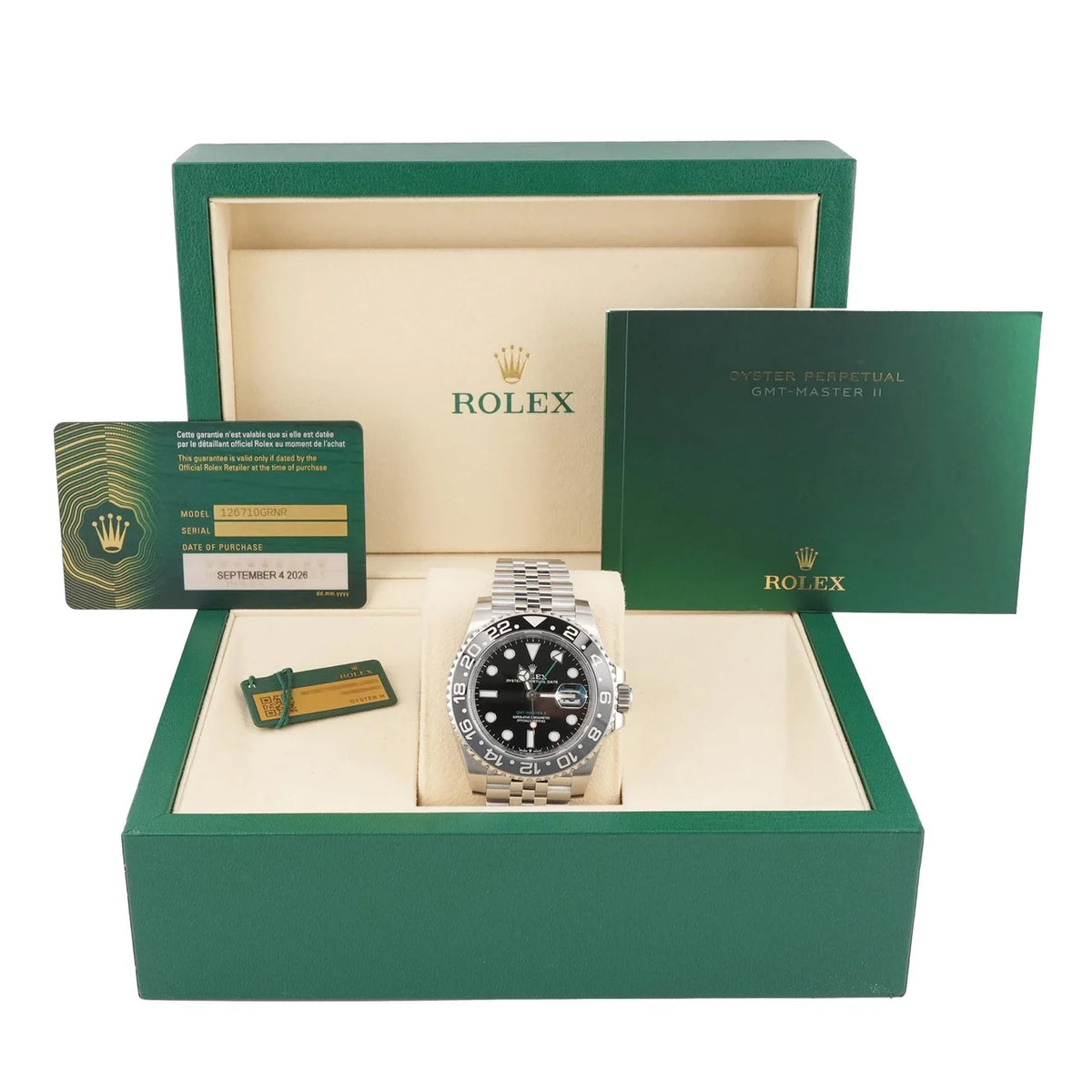Rolex 126710GRNR GMT-Master II 40 mm Bruce Wayne Black Dial Jubilee Bracelet Box and Papers 2026