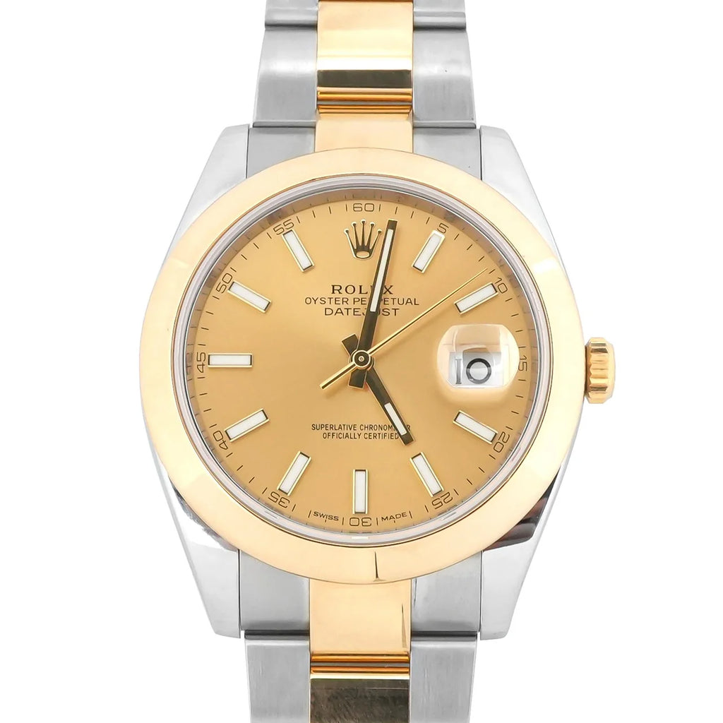 Rolex 126303 Datejust 41 mm 18K Yellow Gold Smooth Bezel Champagne Index Dial Oyster Bracelet Box and Papers 2018