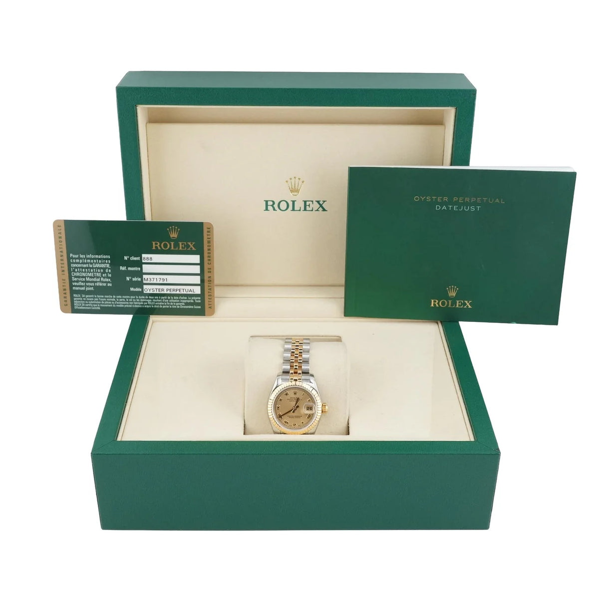 Rolex 179173 Lady-Datejust 26 mm 18K Yellow Gold Fluted Bezel Champagne Roman Dial Jubilee Bracelet Box and Papers 2009