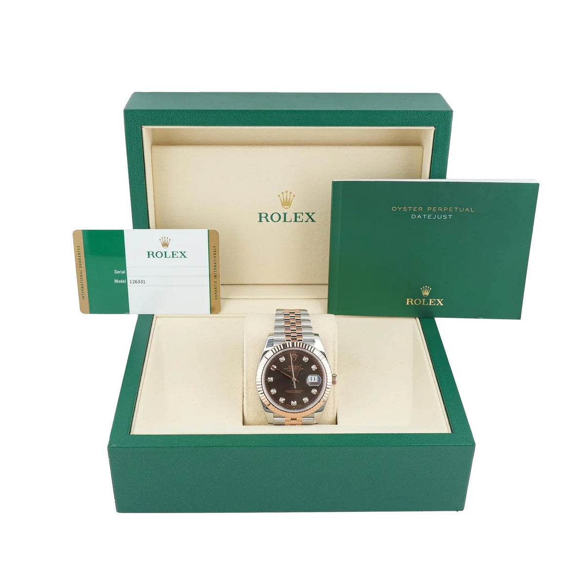 Rolex 126331 Datejust 41 mm 18K Rose Gold Fluted Bezel Chocolate Brown Diamond Dial Jubilee Bracelet Box and Papers 2016