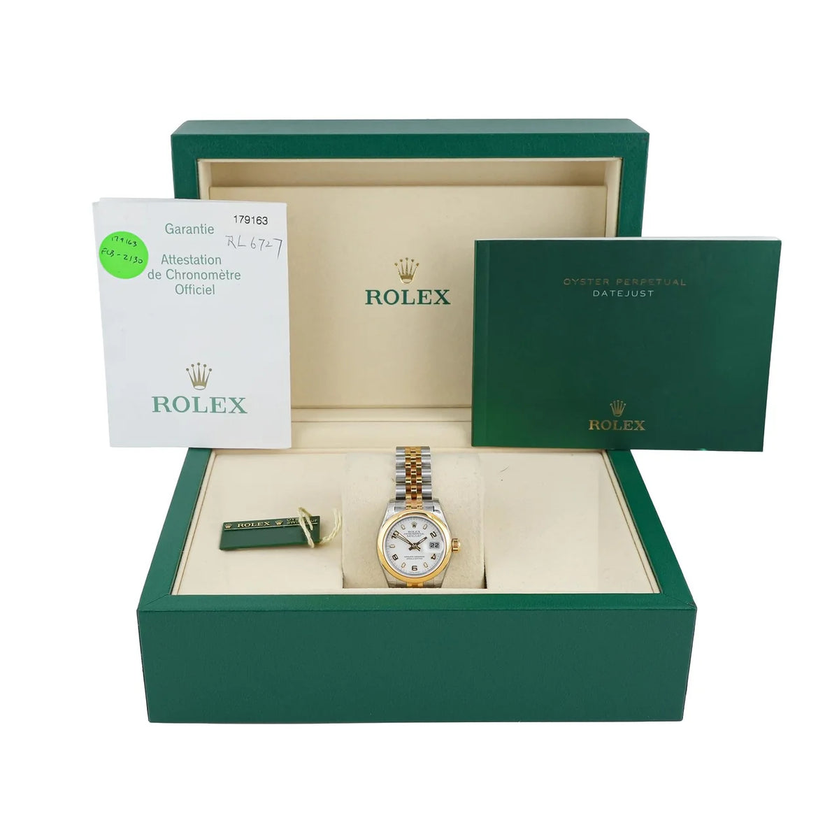 Rolex 179163 Lady-Datejust 26 mm 18K Yellow Gold Smooth Bezel White Arabic Dial Jubilee Bracelet Box and Papers 2006